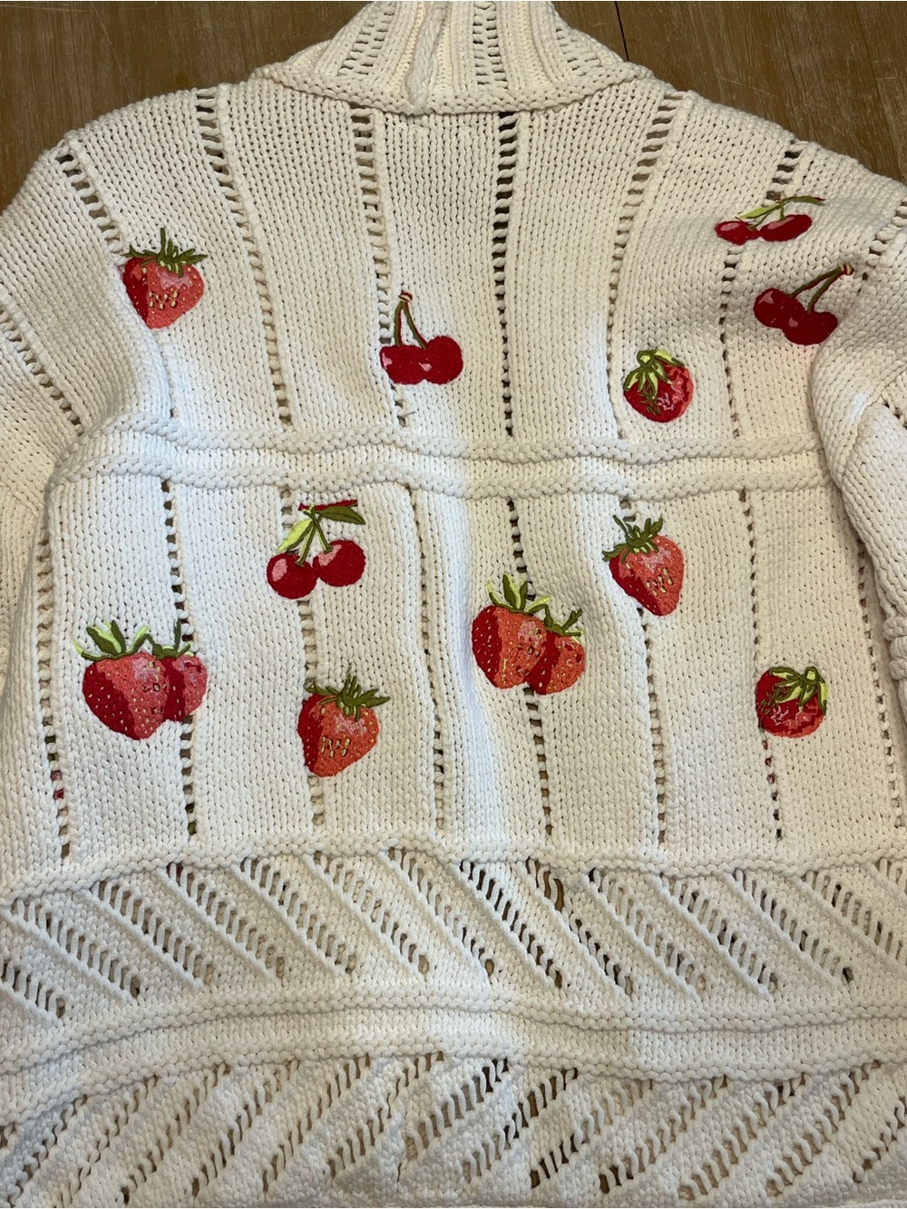 Anthropologie Maeve Cream Open-Knit Cardigan with Strawberry Embroidery - Picture 3 of 9